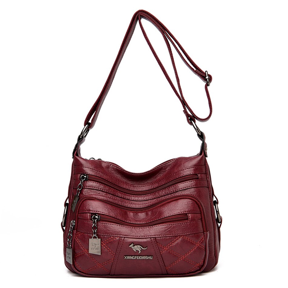 Diamant Gitter Viele Taschen Schulter Tasche Weiche Leder Umhängetaschen für Frauen Damen Reisetasche Handtaschen: wein rot