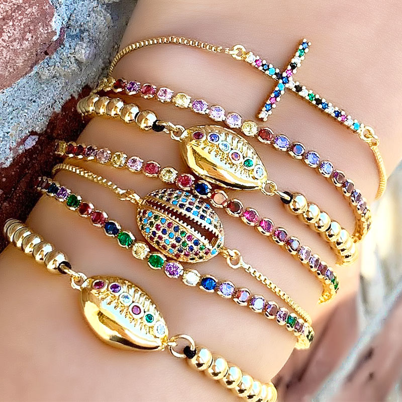 Conjunto de pulseras de colores del arco iris para mujer, cadena de piedras de zirconia, joyas cruzadas de concha de mar dorada, de joyería brtb59