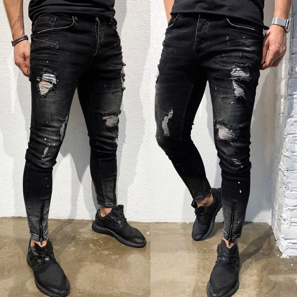 Men's Skinny Slim Fit Straight Ripped Distressed Pleated Knee Patch Denim Pants Stretch Jeans Slim Elastic Denim Pants#g2: M