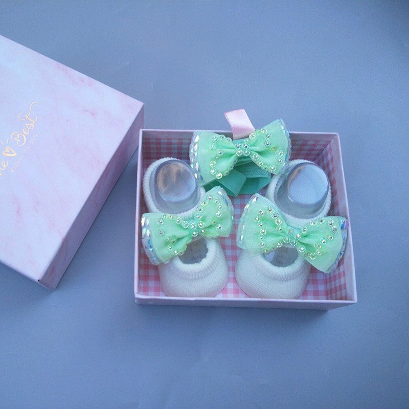 Conjunto de 2 unids/lote de calcetines de diadema para niña, lazos de encaje, turbante elástico, diademas, diadema para niña, accesorios para el cabello para bebé: light green
