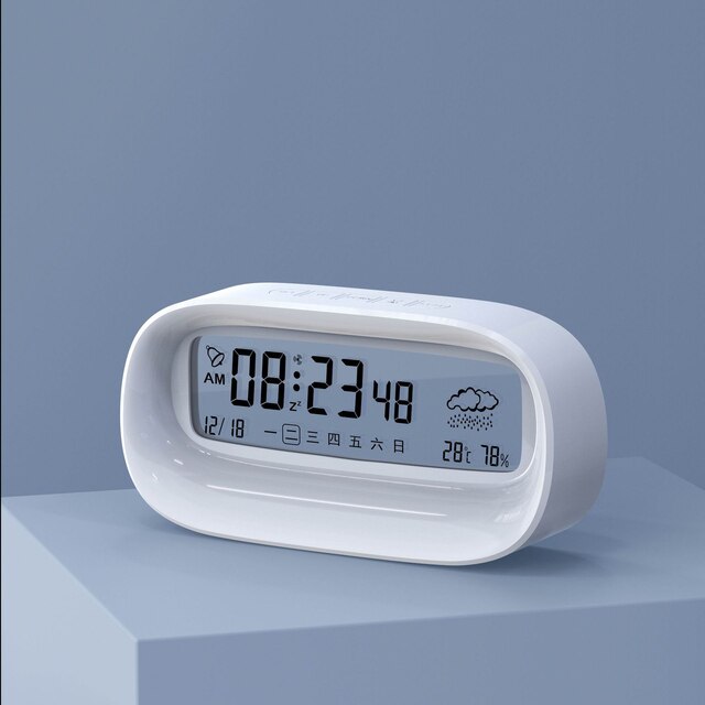 Simple duog alarm clock for students to wake up cute cartoon smart digital calendar LCD multi-function: White