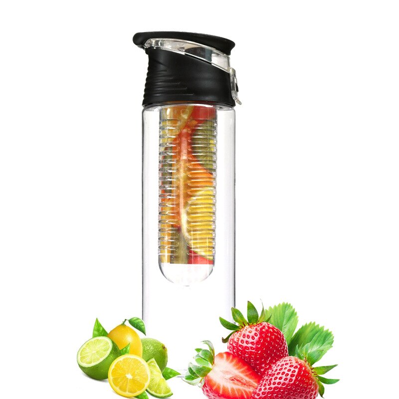 BPA Freie Obst Flasche für Wasser Flasche Obst Infuser Trinken Wasser Flaschen Saft Sport Zitrone Tritan Wasser Flasche Fitness Mädchen: Schwarz 800ml