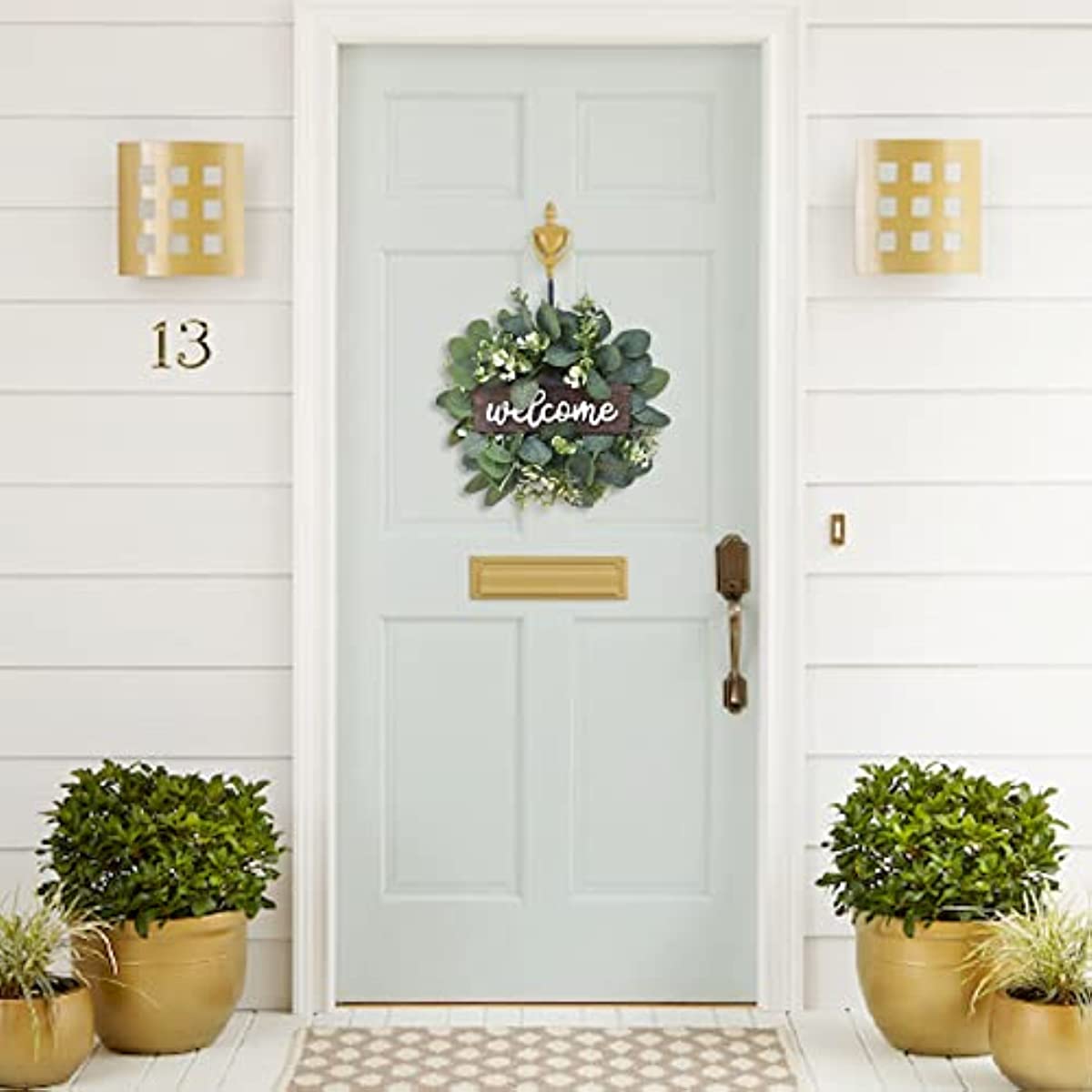 Green Eucalyptus Wreath with Welcome Sign Artificial Eucalyptus Wreath Spring Summer Wreath with White Berries for Front Door