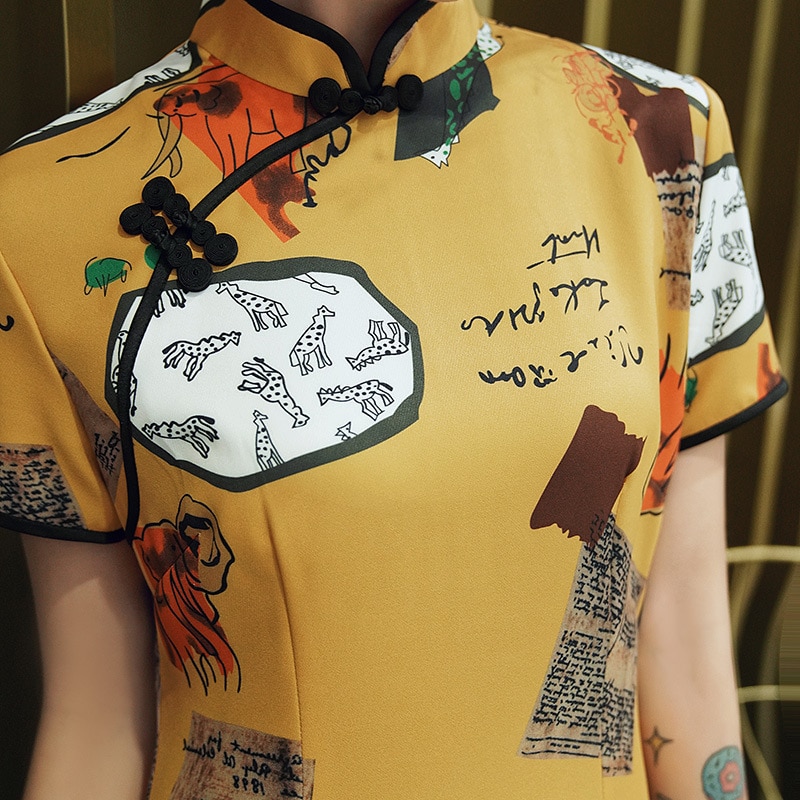 Sheng Coco-vestido Cheongsam elástico para mujer, prenda corta Oriental elástica, Qipao