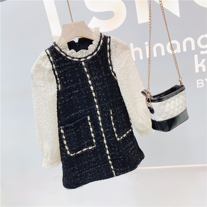 2022 Lente Herfst Meisjes Met Lange Mouwen Jurk Kids Tweed Prinses Jurken