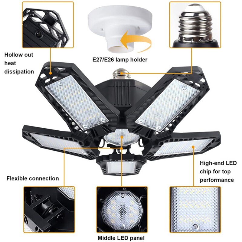 30/60/200W Led Garage Licht E26/E27 Vervormbare Plafondlamp Lamp Met 5 Panelen