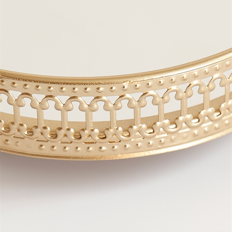 Retro golden iron glass metal storage tray golden round fruit tray desktop small items jewelry display tray mirror