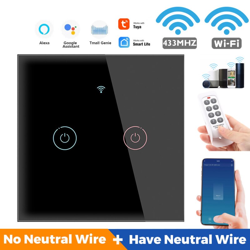 WIFI Smart Touch Light Switch APP Remote Control Supports Alexa Voice Control No Neutral Required AC 110V-240V 1/2/3/4gang Wall