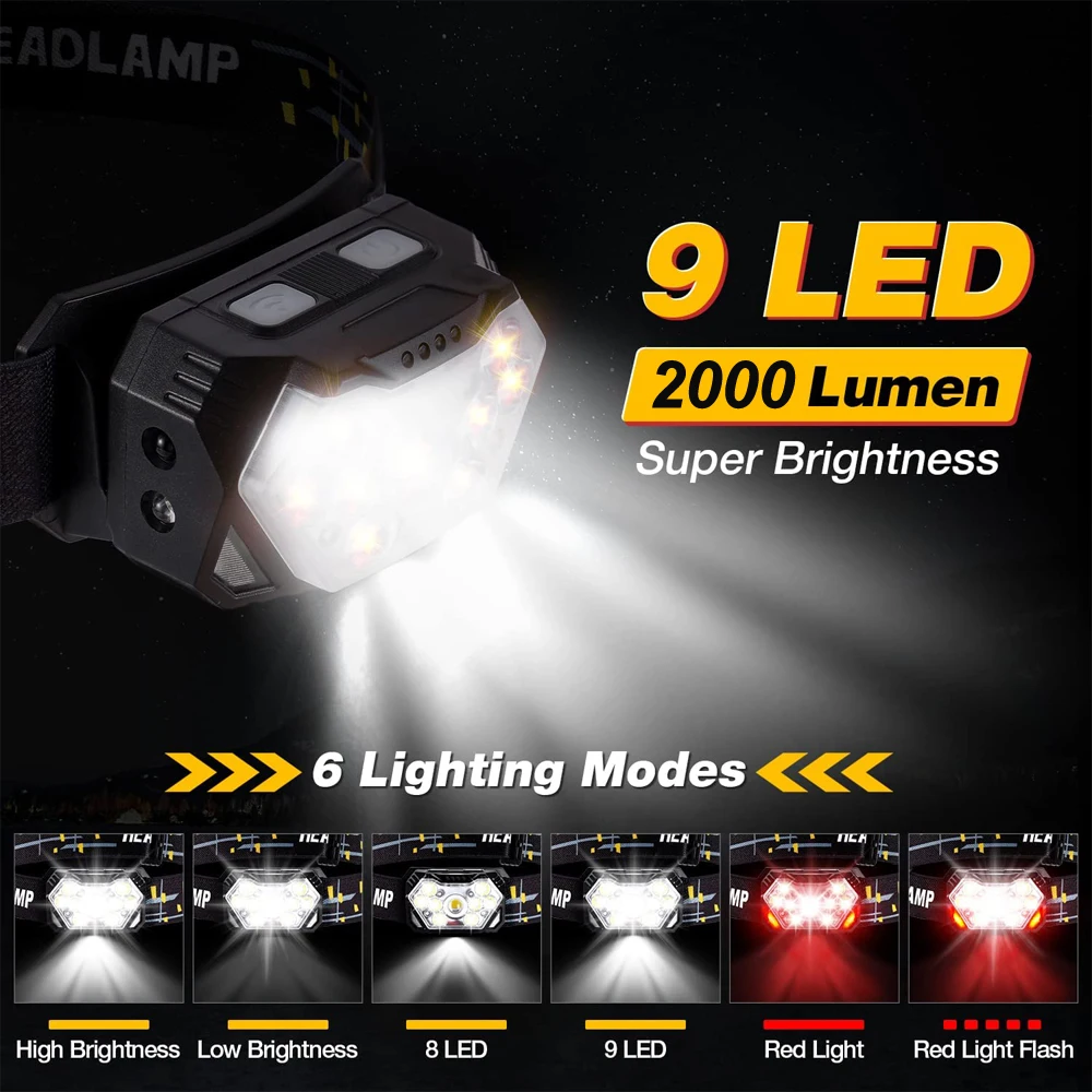 Linterna frontal de 9 luces Led potente, recargable por USB, con Sensor de movimiento, portátil, para pesca, Camping, exterior, linterna de trabajo
