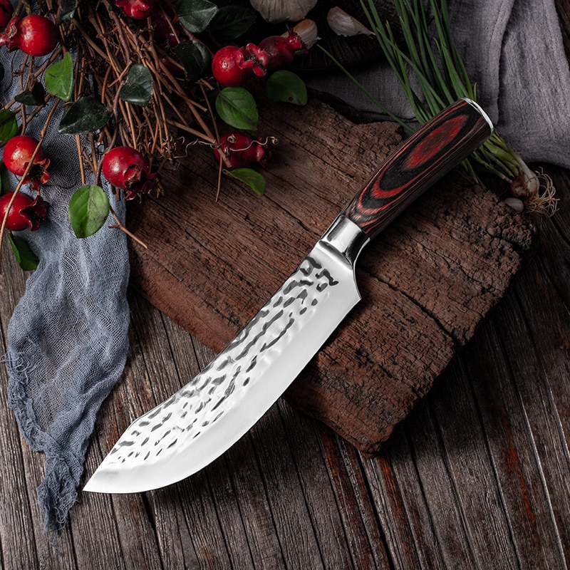 Butcher Knife Skinning Knife 5CR15 Pig Boning Knife Special Knife For Cutting Meat Hammered Stainless Steel Barbecue Meat Knife