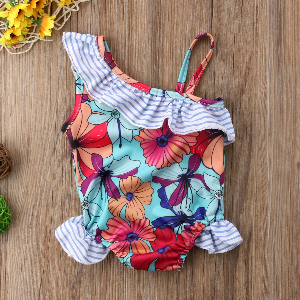 Girl’s Ruffles One Piece Suits Swimsuit Cute Flower Pattern One Shoulder Suspender Swimsuit Beach Suit wear
