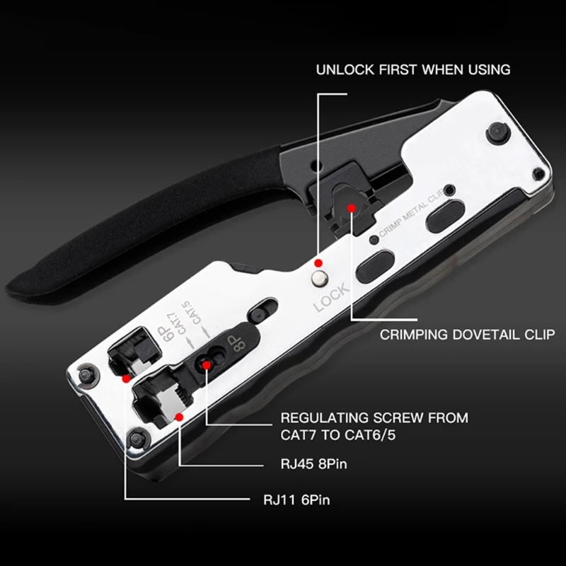 RJ45 Crimp Tool Pass Through Precise Crimping Cuts Strips and Crimps Durable