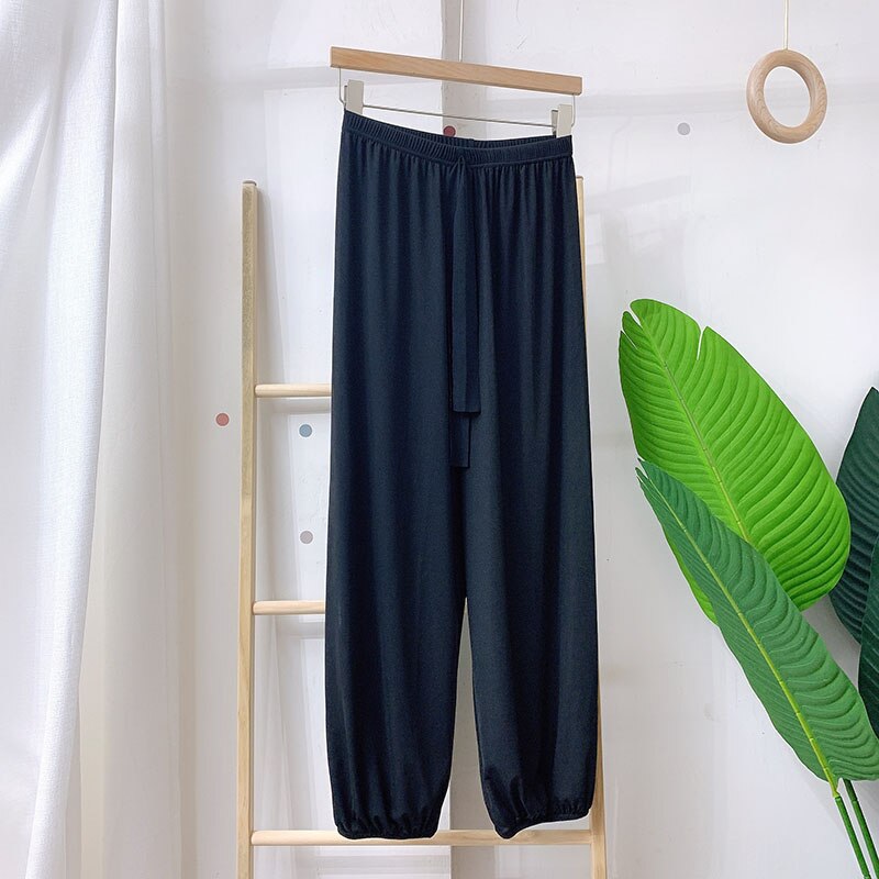 Sanderala-pantalones de dormir de seda de hielo para mujer, ropa interior informal, suelta, con cintura elástica, de punto, con cordón: Black