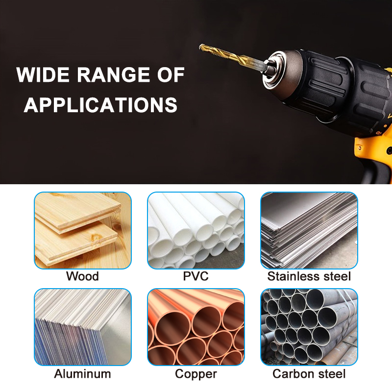 6pc high speed steel M3-M10 titanium plated composite tap hexagonal drill and tap integrated tap machine with hole chamfer tool