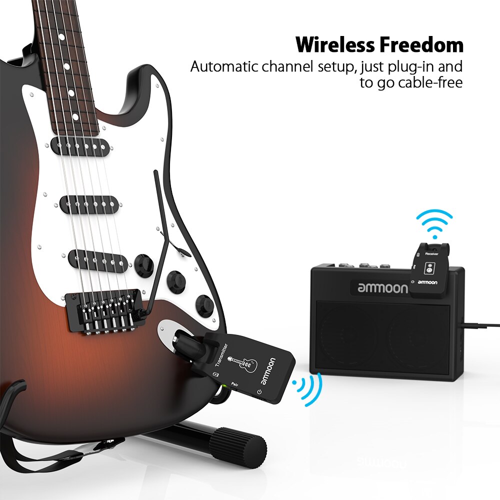 ammoon Wireless Guitar Transmitter Audio Transmitter Receiver System 2.4G Rechargeable 6 Channels for Electric Guitar Bass