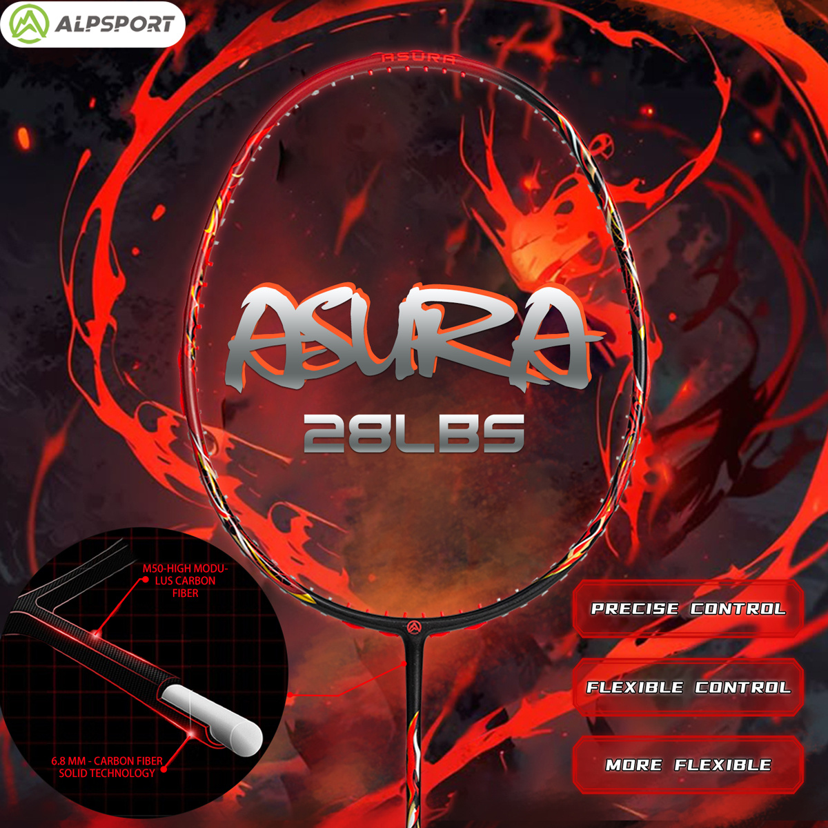 ALPSPORT Asura 6U MAX 38LBS G5 Black Badminton Racket Full Carbon Fiber Original Pro Offensive for Teens & Outdoor Sports