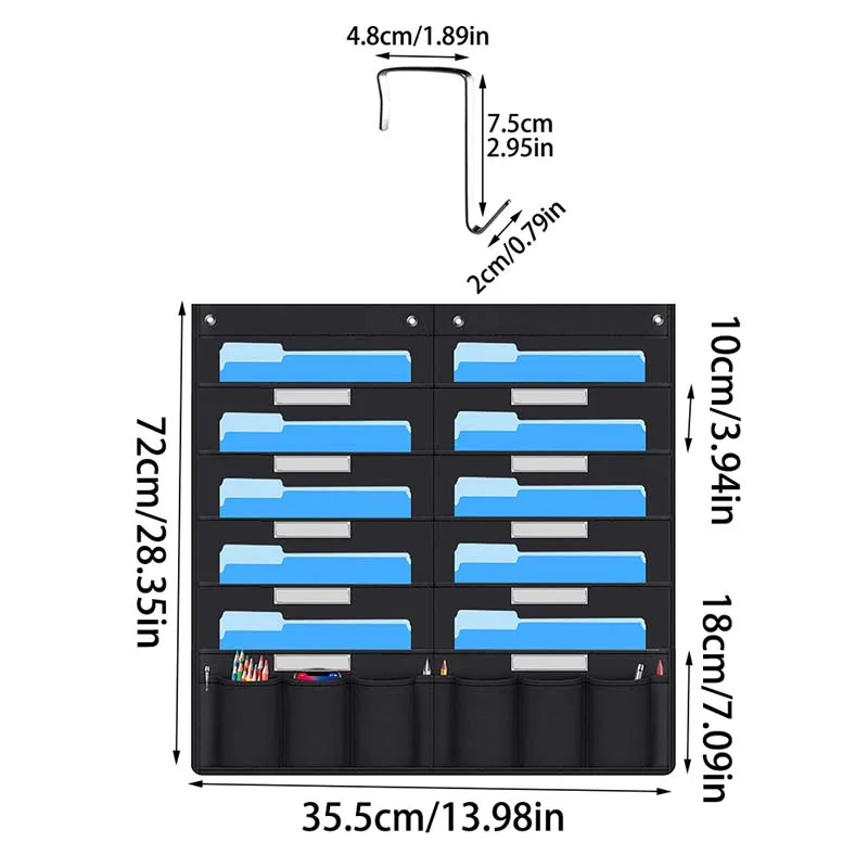 Black Hanging File Organizer with 20 Pocket Wall Storage Pocket Charts with 4 Hook for File Folders School Mailbox Office Papers