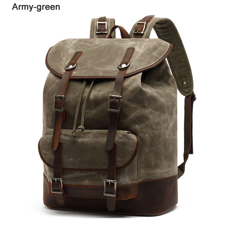 Waterproof Waxed Canvas Backpack Men Rucksack Women bagpack large Travel knapsack: Army Green