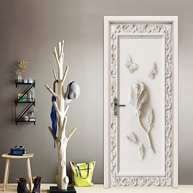 3D Door Sticker European Style Stereo Rose Butterfly Wallpaper Living Room Bedroom DIY Wall Decor PVC Self-Adhesive 3 D