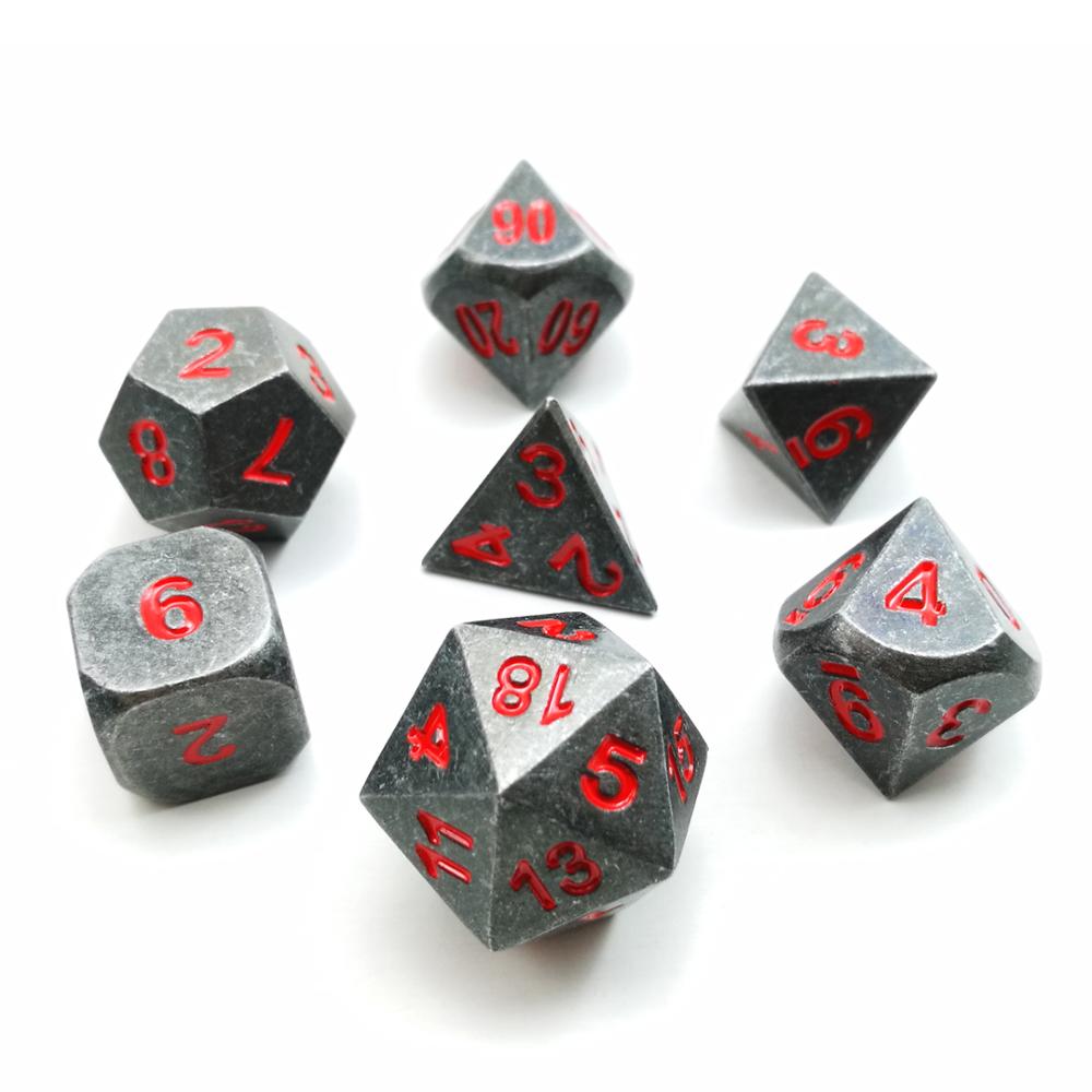 Metallic 7pcs RPG Dice Set, Metal RPG Game Dice With Red Numbers, Metallic 7pcs Polyhedral Dice Set