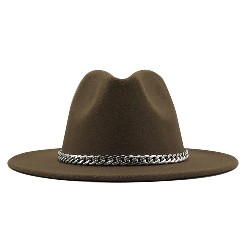 Fedora hat med bred kant rand lmitation uldfilt hatte med metal kæde indretning panama fedoras chapeau sombrero: 5