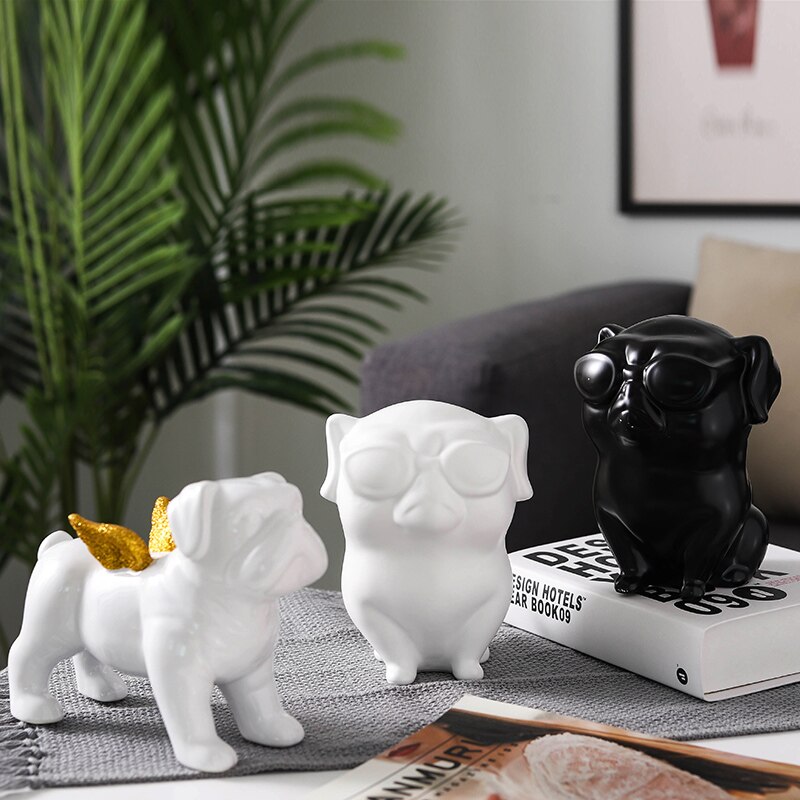 Estatua de BULLDOG Francés, animales, alas doradas, perro negro, escultura artística de cerámica, artesanía nórdica, adorno moderno para decoración del hogar R4312