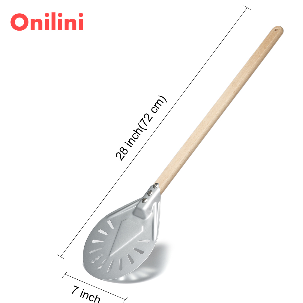 Onilini 7/8/9 inch Perforated Pizza Peel Anodized Wooden Handle Short Pizzas Shovel Pizza Shovel Paddle with Free Spoon: Light Grey