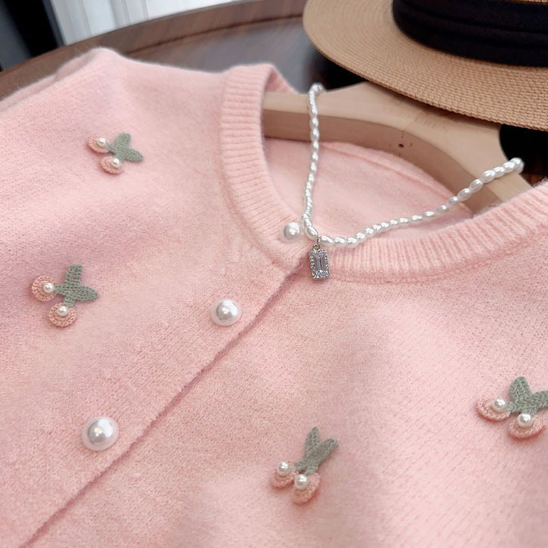 Rosa søte perler dekorerer genser cardigan dame koreansk trykk o-hals strikkegenser dame langermede matchende strikkede topper