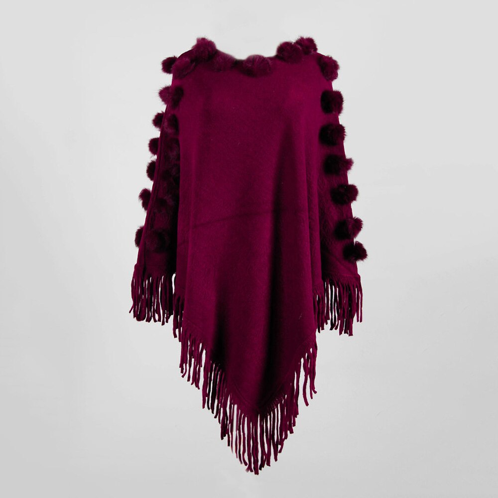 Rund hals cape poncho tröjor dam vinter stickad tofs solid hårboll capes sjal kappa ponchos elegantes höstkappa sjal: Röd