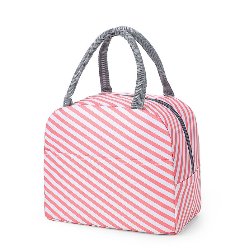 Animal Print Waterproof Nylon Portable Zipper Lunch Bag Women Student Lunch Box Thermo Bag Office School Picnic Cooler Bag Bolso: Pink Stripe