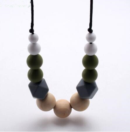 chewable silicone+original wood beads necklace baby teething teether holder toy diy teething necklace for mom no BPA: e