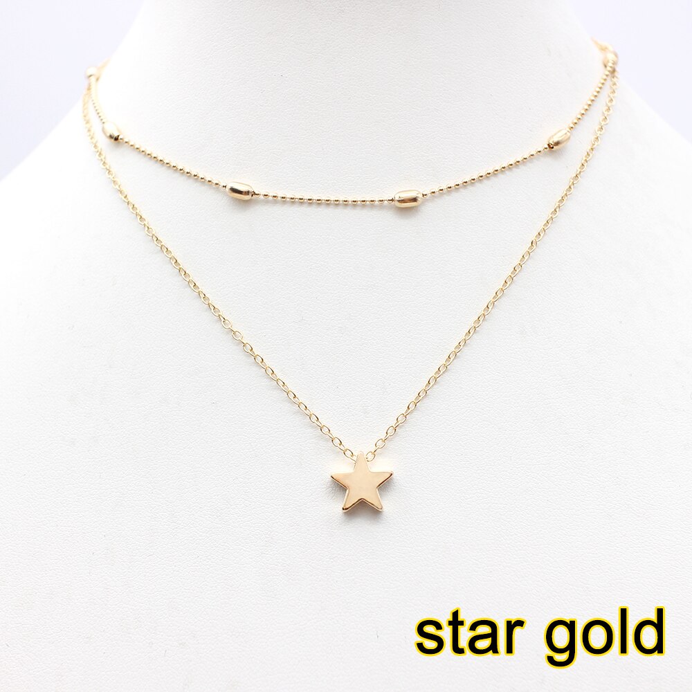 Einfache Herz zwei schichten Halsband Halsketten Für Frauen Multi Schichten Perlen Chocker kragen ras du cou Collier femme Minimalistischen schmuck: Nein3 Stern Gold