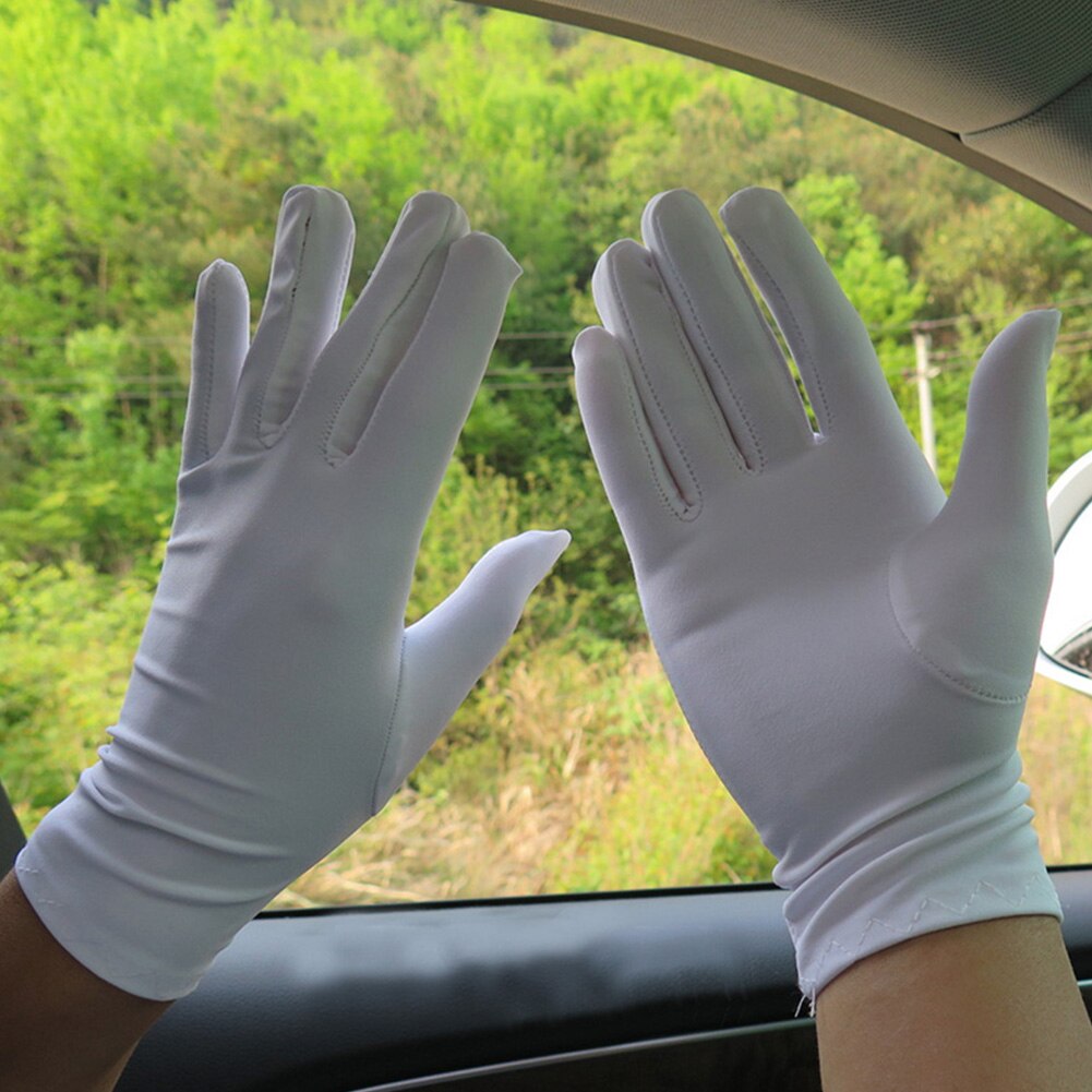 Guantes blancos y negros de para hombre y mujer, guantes finos elásticos, guantes de joyería ajustados para baile, guantes para conducir en la muñeca, guantes de dedo completo para camarero