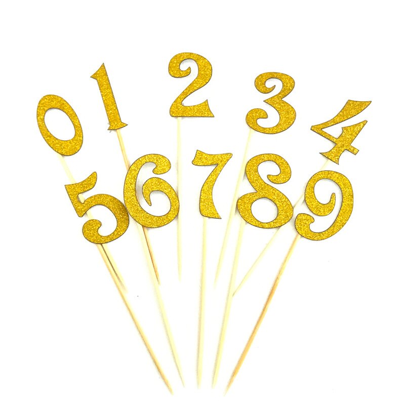 10Pcs/Set 0-9 Gold Silver Glitter Numbers Cake Flag Topper Kit Wedding Children Birthday Cupcake Party Decoration