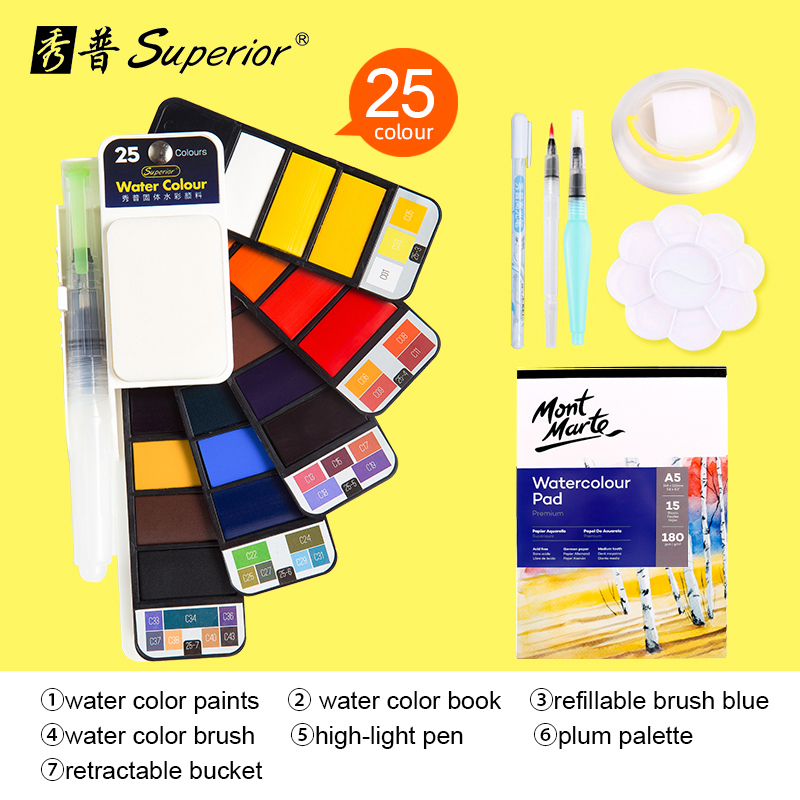 Superior 18/25/33/42 Solid Watercolor Paint Set With Water Brush Pen Foldable Travel Water Color Pigment For Draw: 25 color with 6gifts