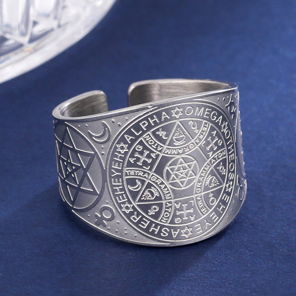 Anillo de tetragrammatón con pentagrama de brujería, anillo de dedo con pentáculo de acero inoxidable para hombres, amuleto de protección de energía antigua, joyería: 9 / Blue
