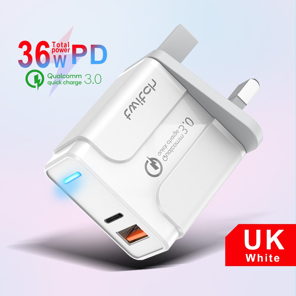 Twitch Quick Charge 4.0 3.0 Usb Lader 36W Qc 4.0 3.0 Usb Pd Lader Snel Telefoon Oplader Voor Iphone 11 Pro Xr Xiaomi Mi10 Huawei: UK White