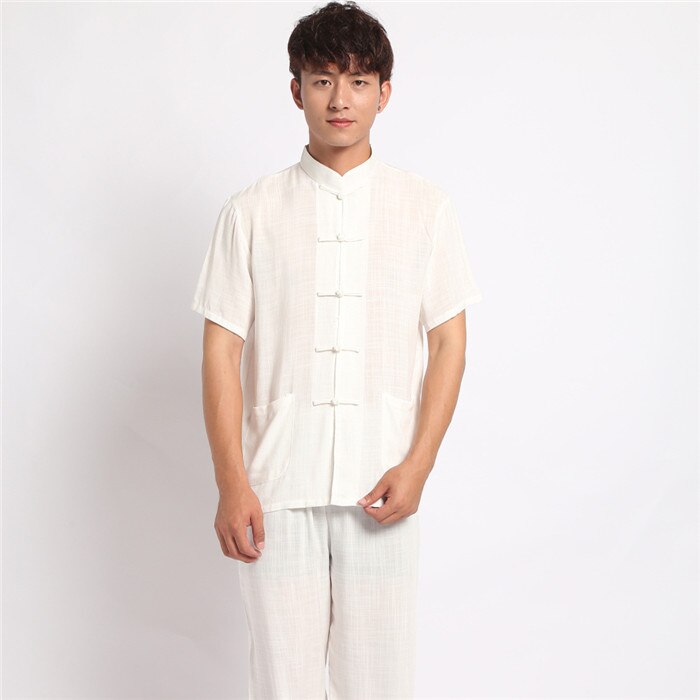 Casual Mannen Katoen Linnen Pyjama Pak Shirt & Broek Broek Nachtkleding Chinese Stijl Mannelijke Handgemaakte Knop Pyjama Set Homewear: White / M