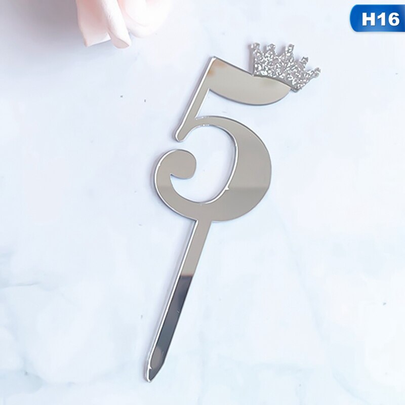 0-9 Numbers Cake Toppers Happy Birthday Cute Crown Number Cake Flag Acrylic Cupcake Topper Birthday Party Cake Decoration Topper: 16