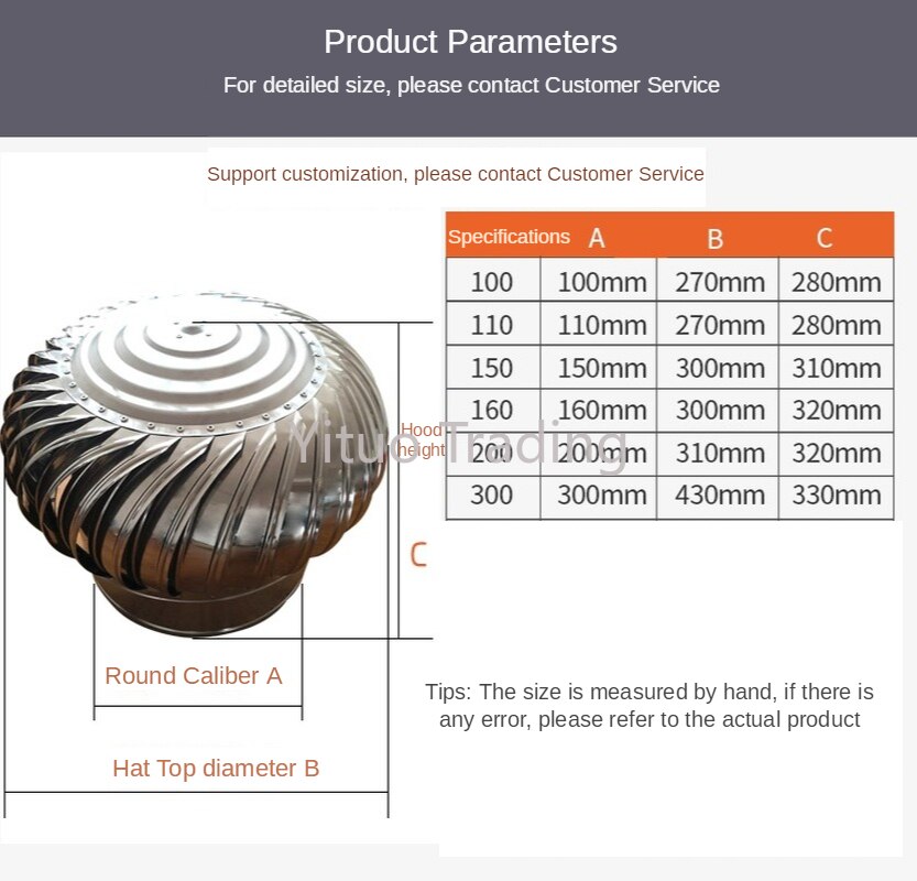 100-type Unpowered Hood Roof Ventilator Thickened Stainless Steel Exhaust Cap Factory Building Flue Rainproof Exhaust Vent