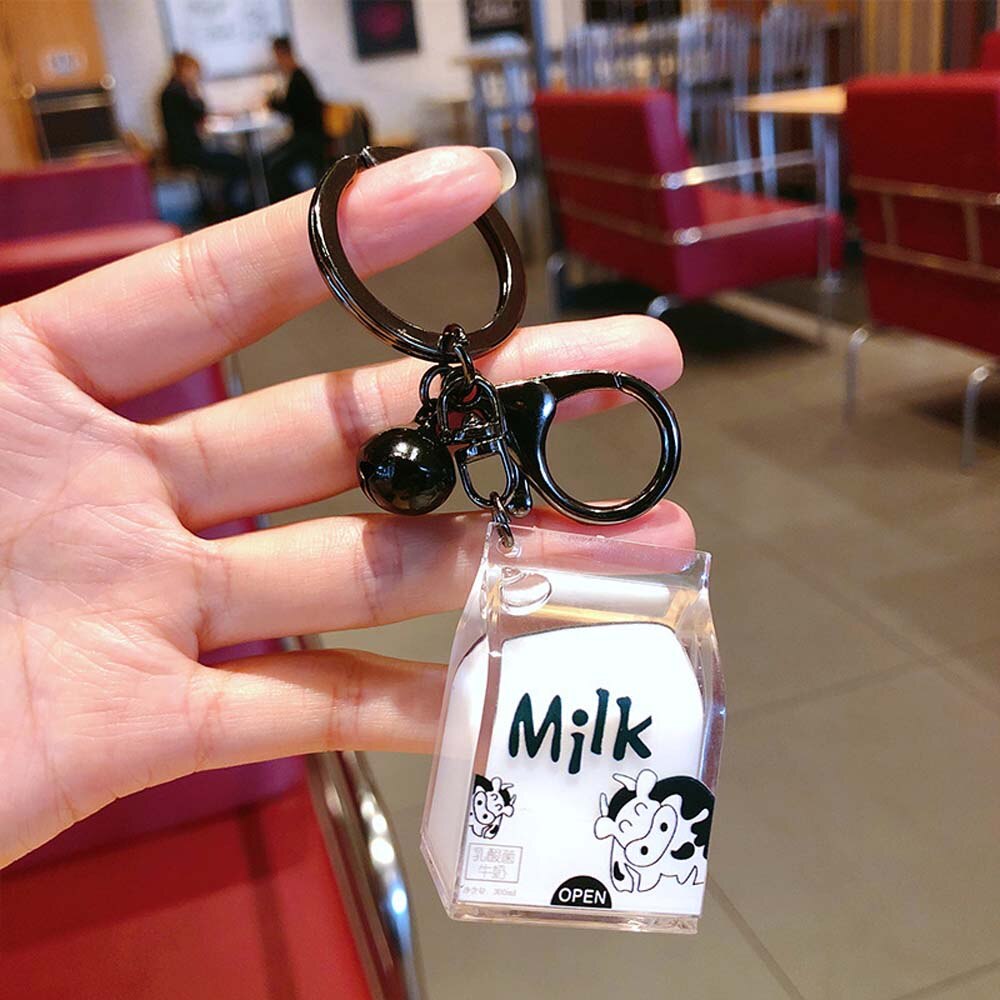 Acrylic Dairy Cow Milk Drinks Keychain Fruit Milk Moving Liquid Keyrings Decompression Drift Bottle Jewelry Kids: milk 2