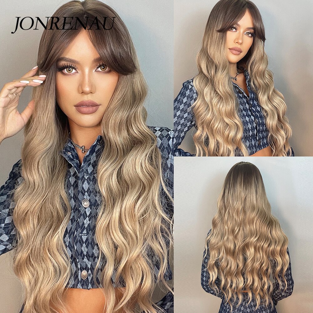 JONRENAU Long Wavy Brown to Light Brown Ombre Synthetic Wigs Partial Fringe Natural for Women Daily Party Wig Heat Resistant
