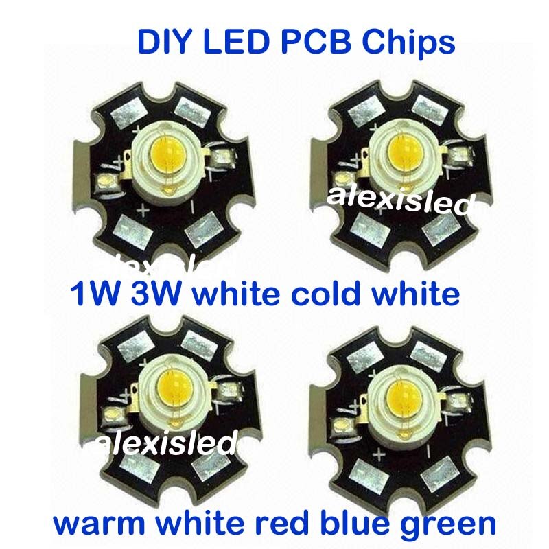 1W 3W High Power LED Chip light PCB emitter Cool White Warm White Red Green Blue with 20MM Star PCB 10PCS
