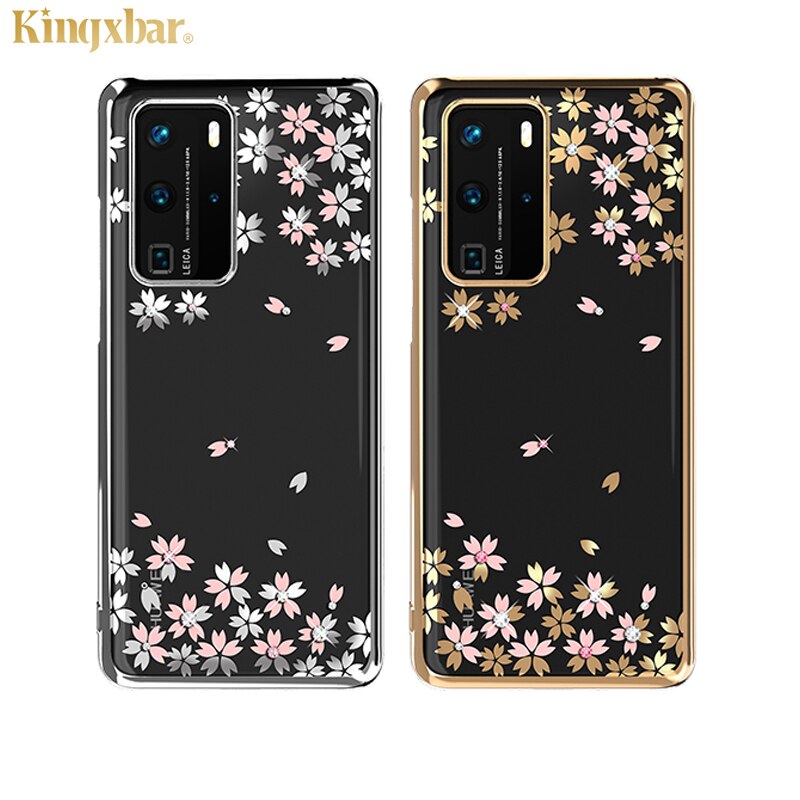 Original kingxbar cristais de luxo caso strass para huawei p40/pro moda fino banhado a flor duro claro pc capa traseira caso