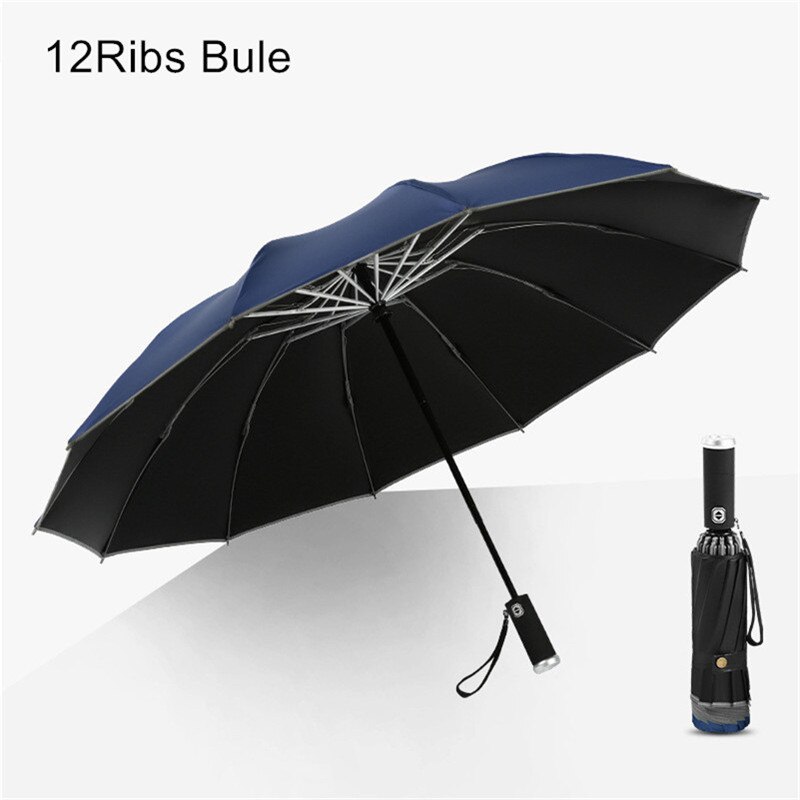 Automatic Reverse Umbrella Women 3 Fold Reflective Strip Umbrella Rain Men Parasol LED Light Windproof Parapluie Rain Gear EB5YS: 12ribs Bule