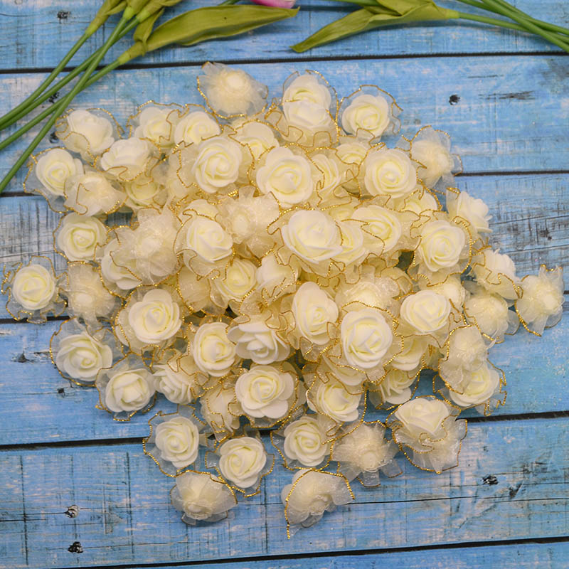 50 stk 4cm guldblonde hvide roser kunstige rosenblomster diy scrapbooking håndværkstilbehør krans hjem bryllup indretning: Beige