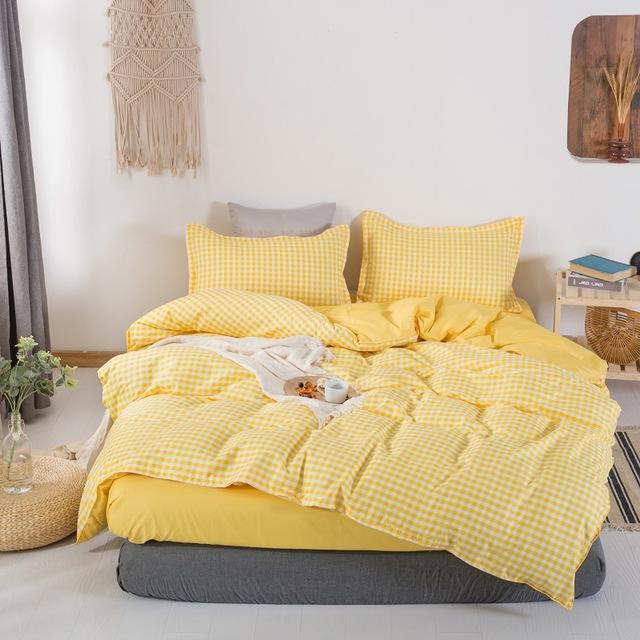 Japanse beddengoedset 220 x 240 dekbedovertrek met kussensloop , 210 x 210 dekbedovertrekken, gele geruite dekenhoes, kingsize bedset: Deksel 240 x 210cm 3 stuks
