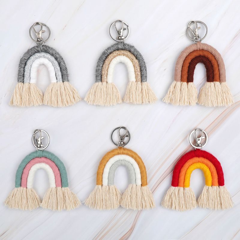 Weven Regenboog Sleutelhangers Voor Vrouwen Boho Handgemaakte Sleutelhouder Sleutelhanger Macrame Bag Charm Auto Opknoping Sieraden