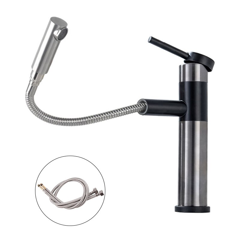 Brass Bathroom Basin Faucet 60cm Pull Out Basin Faucet Cold Mixer Crane Basin Taps Rotatble Brushed Gold: Nickle Black-A