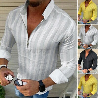 Heren t-shirt met lange mouwen en halve rits, slim fit blouse, tops en shirts